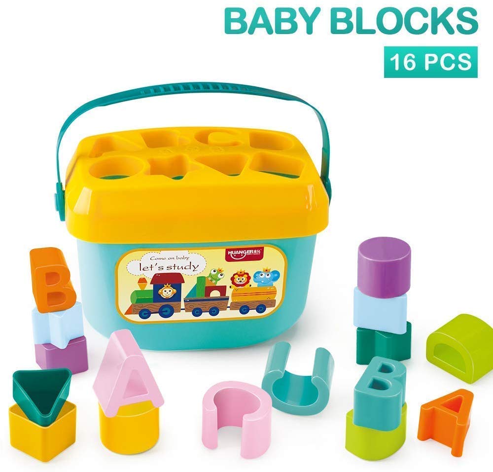Toyshine Baby’s First Educational Shape Sorting Blocks Toy | 16 Pcs ABCD Learning Blocks & Shape Sorter | Early Development Activity Toy for 6 Months to 2 Years Old Boys & Girls